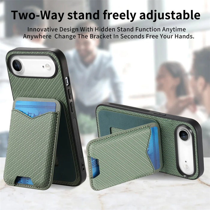 For iPhone Air Case Card Holder Kickstand Carbon Fiber Texture Back Cover - Green - 3