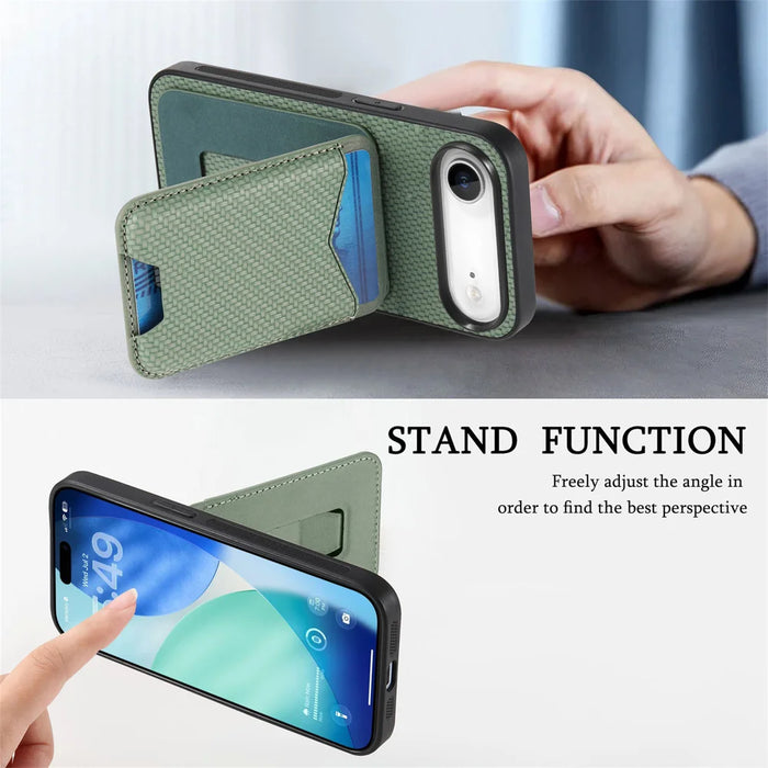 For iPhone Air Case Card Holder Kickstand Carbon Fiber Texture Back Cover - Green - 4