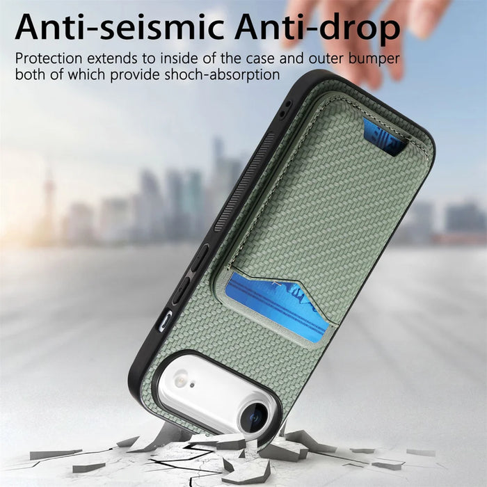 For iPhone Air Case Card Holder Kickstand Carbon Fiber Texture Back Cover - Green - 5