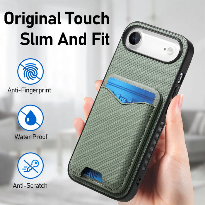 For iPhone Air Case Card Holder Kickstand Carbon Fiber Texture Back Cover - Green - 6