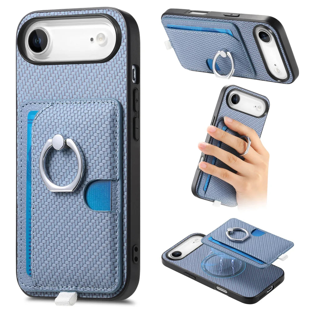 For iPhone Air Case Ring Kickstand Leather Back Cover with Magnetic Detachable Card Holder - Blue - 1
