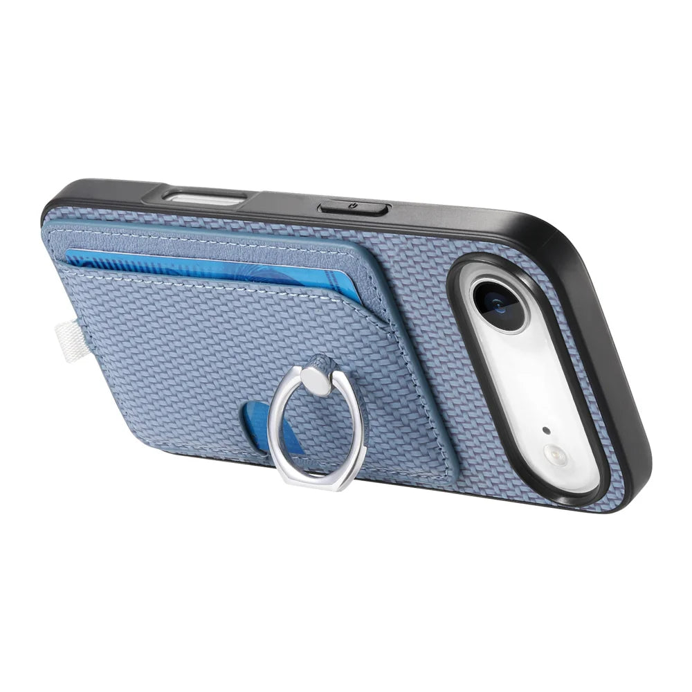 For iPhone Air Case Ring Kickstand Leather Back Cover with Magnetic Detachable Card Holder - Blue - 3