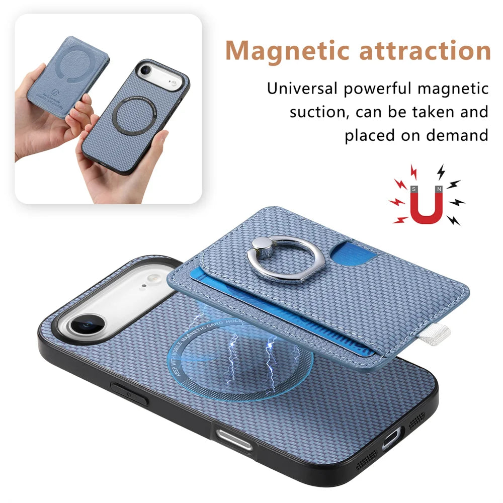 For iPhone Air Case Ring Kickstand Leather Back Cover with Magnetic Detachable Card Holder - Blue - 4