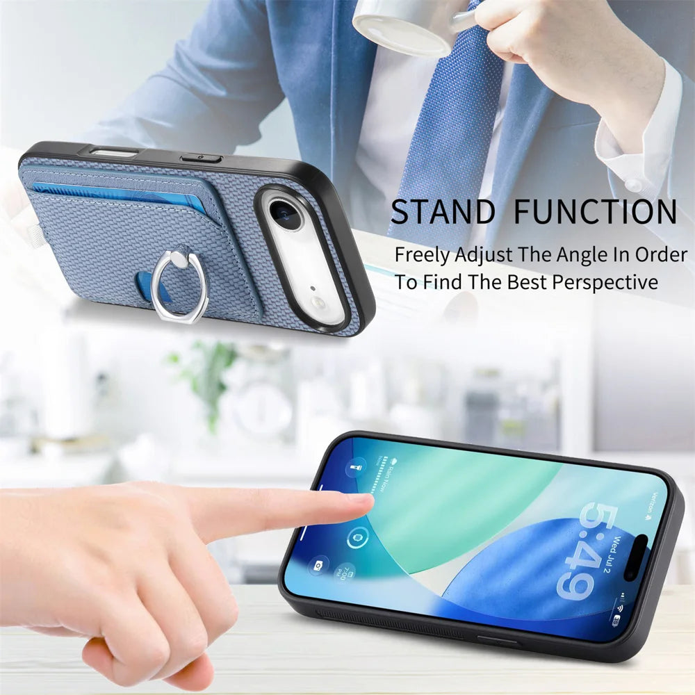 For iPhone Air Case Ring Kickstand Leather Back Cover with Magnetic Detachable Card Holder - Blue - 5