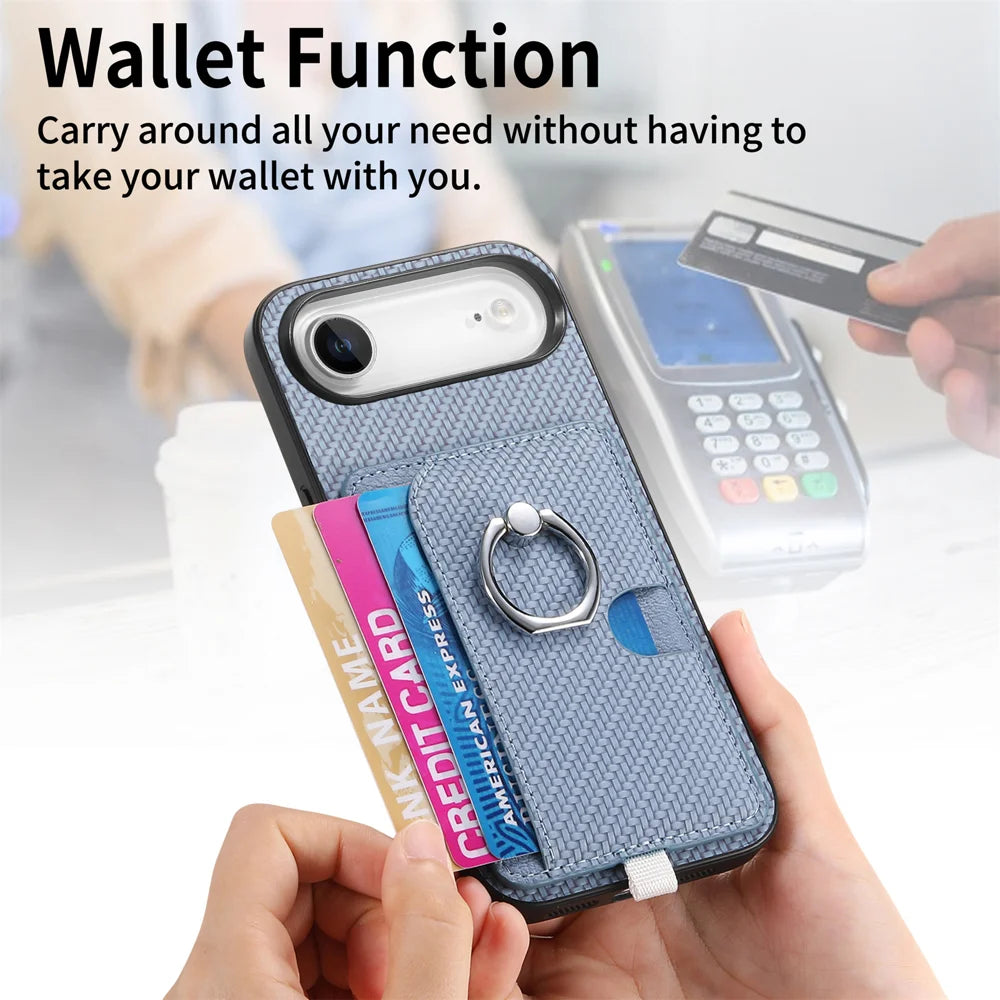 For iPhone Air Case Ring Kickstand Leather Back Cover with Magnetic Detachable Card Holder - Blue - 6
