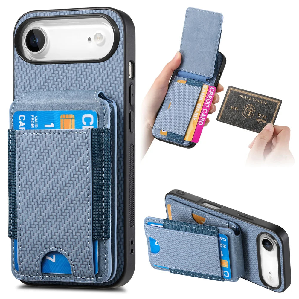 For iPhone Air Case with Card Holder Kickstand Leather Back Cover - Blue - 1