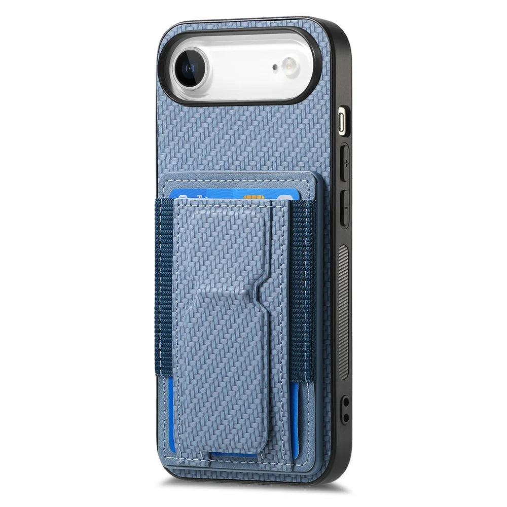 For iPhone Air Case with Card Holder Kickstand Fiber Pattern Leather Back Cover - Blue - 1