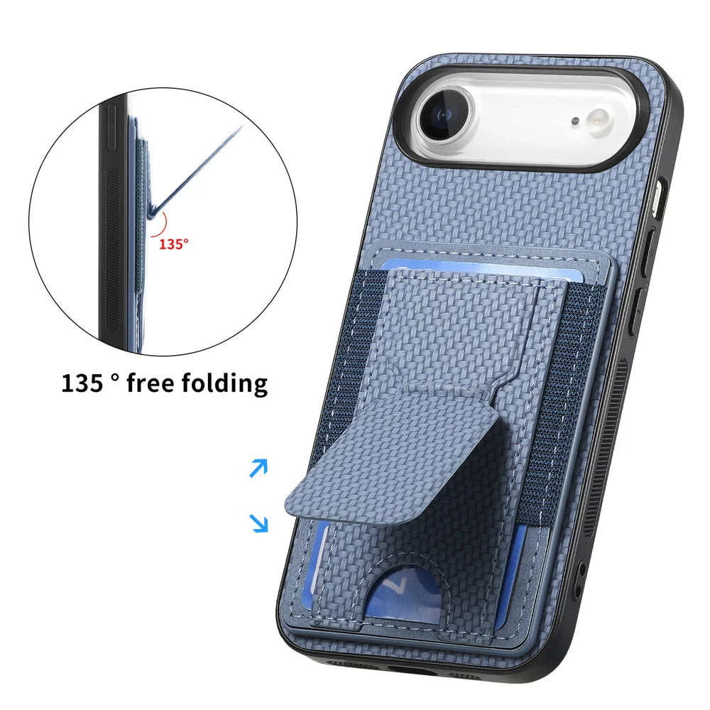 For iPhone Air Case with Card Holder Kickstand Fiber Pattern Leather Back Cover - Blue - 2