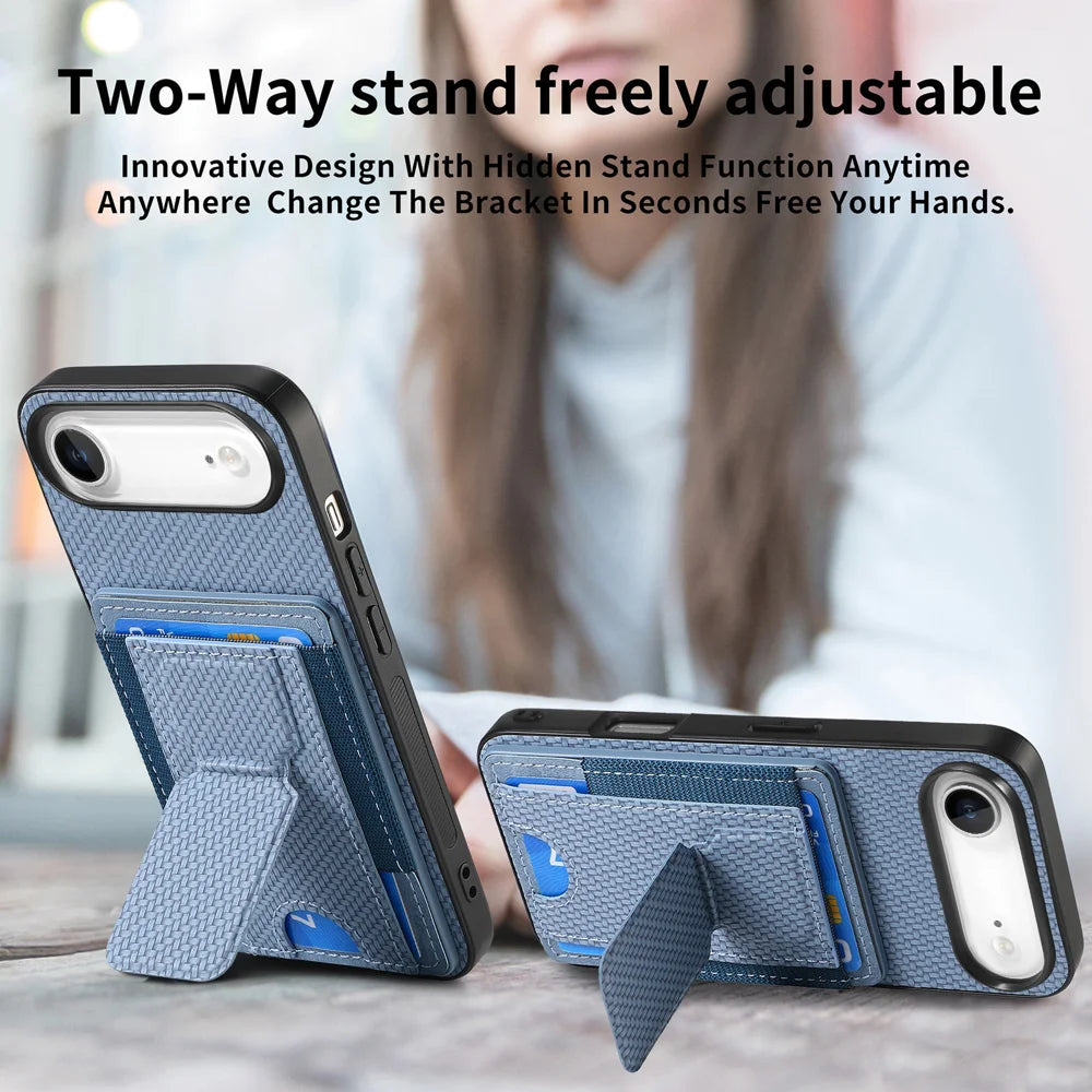 For iPhone Air Case with Card Holder Kickstand Fiber Pattern Leather Back Cover - Blue - 3