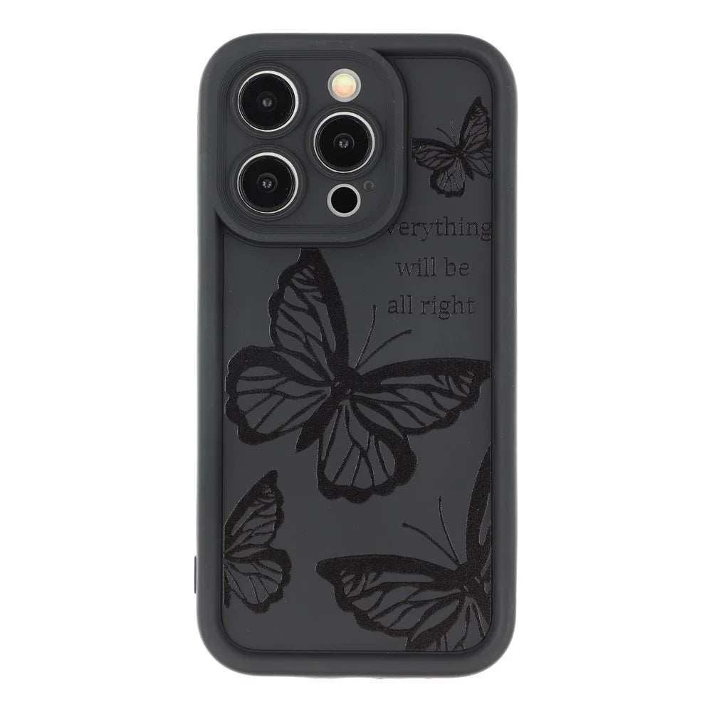 For iPhone 15 Pro Max Case Butterfly Print TPU Shockproof Phone Back Cover - Black - 3