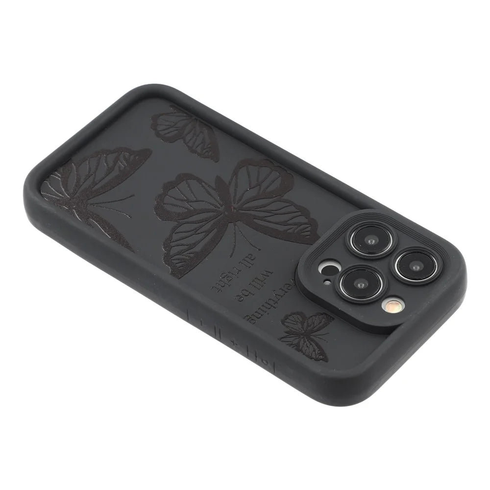 For iPhone 15 Pro Max Case Butterfly Print TPU Shockproof Phone Back Cover - Black - 5
