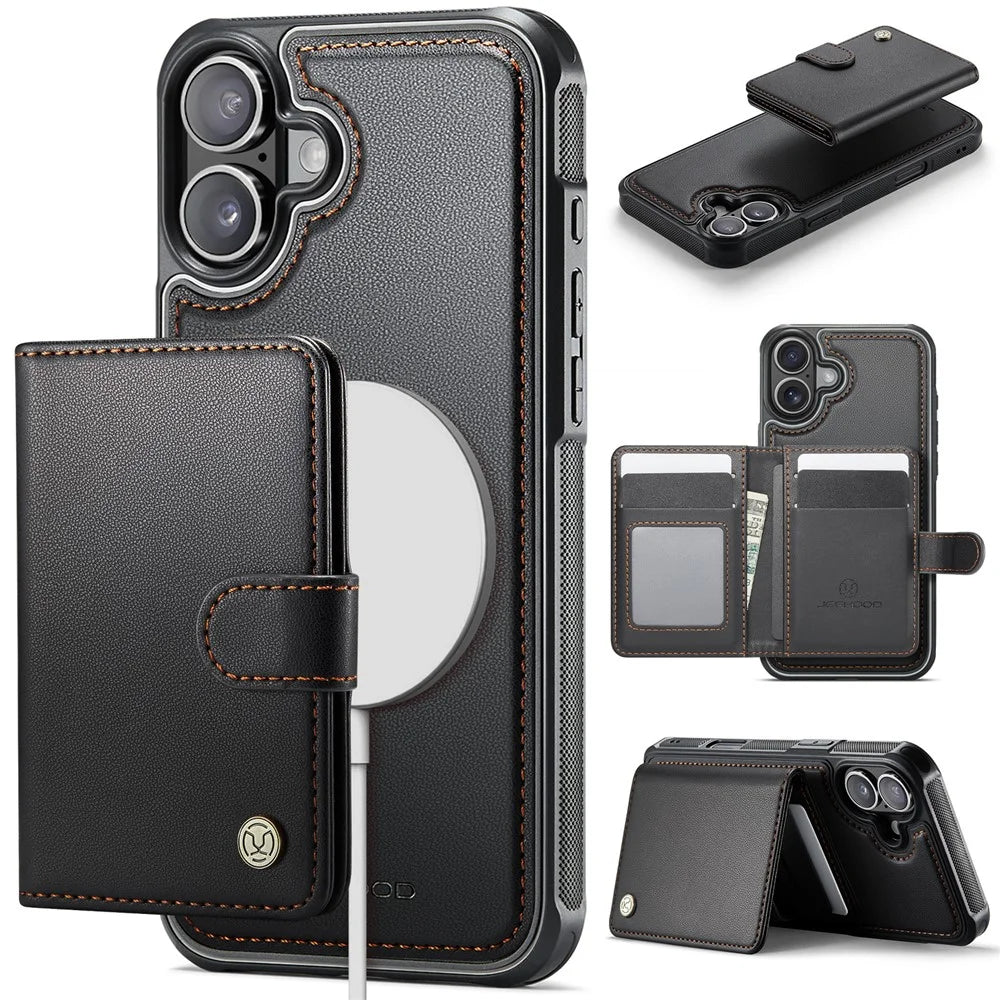 JEEHOOD J09 For iPhone 17 Detachable Case with Card Holder, RFID Blocking Leather Back Cover Compatible with MagSafe - Black - 1