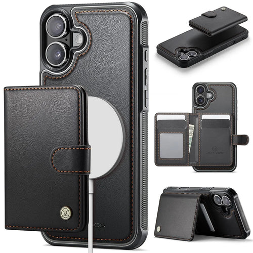 JEEHOOD J09 For iPhone 17 Detachable Case with Card Holder, RFID Blocking Leather Back Cover Compatible with MagSafe - Black - 1