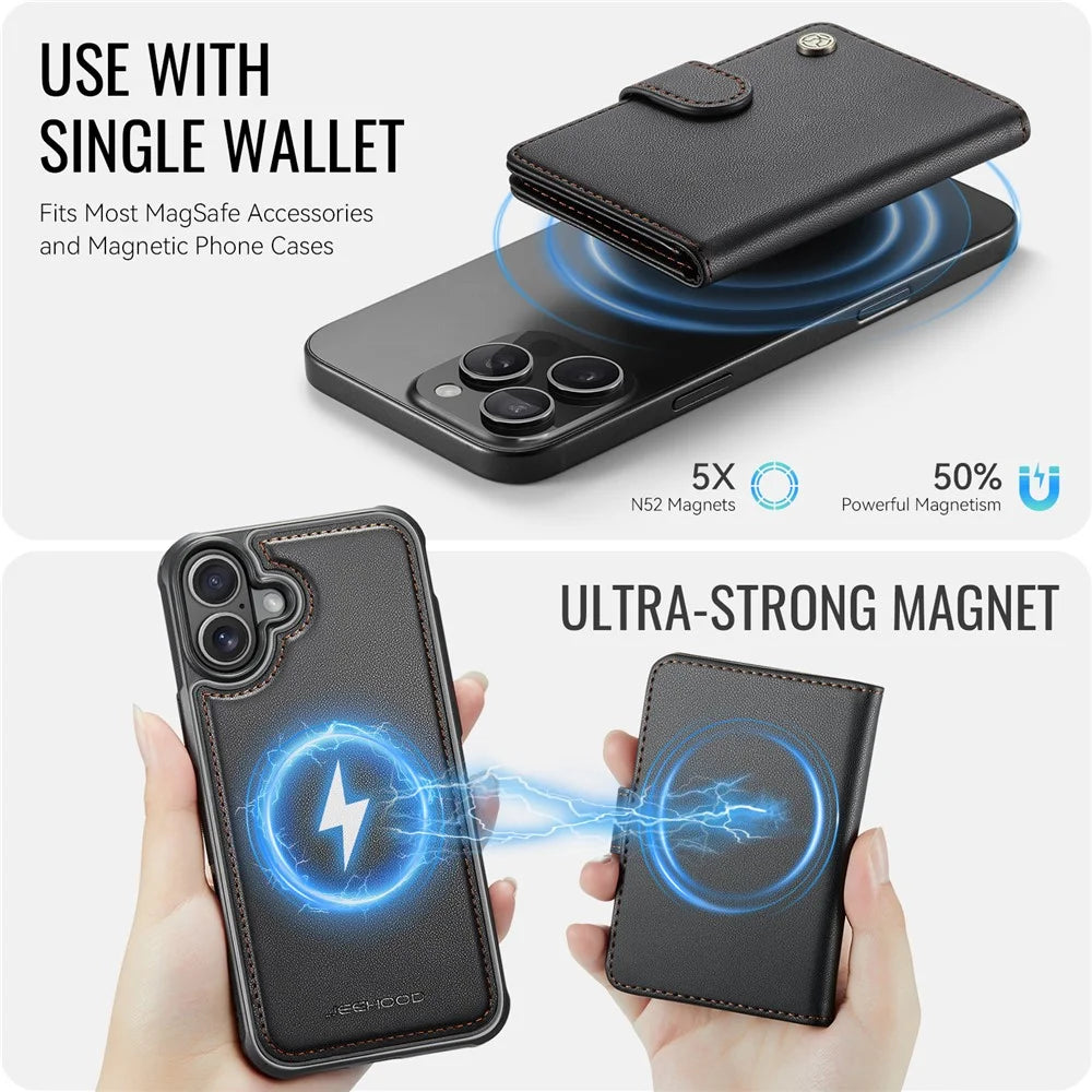 JEEHOOD J09 For iPhone 17 Detachable Case with Card Holder, RFID Blocking Leather Back Cover Compatible with MagSafe - Black - 3
