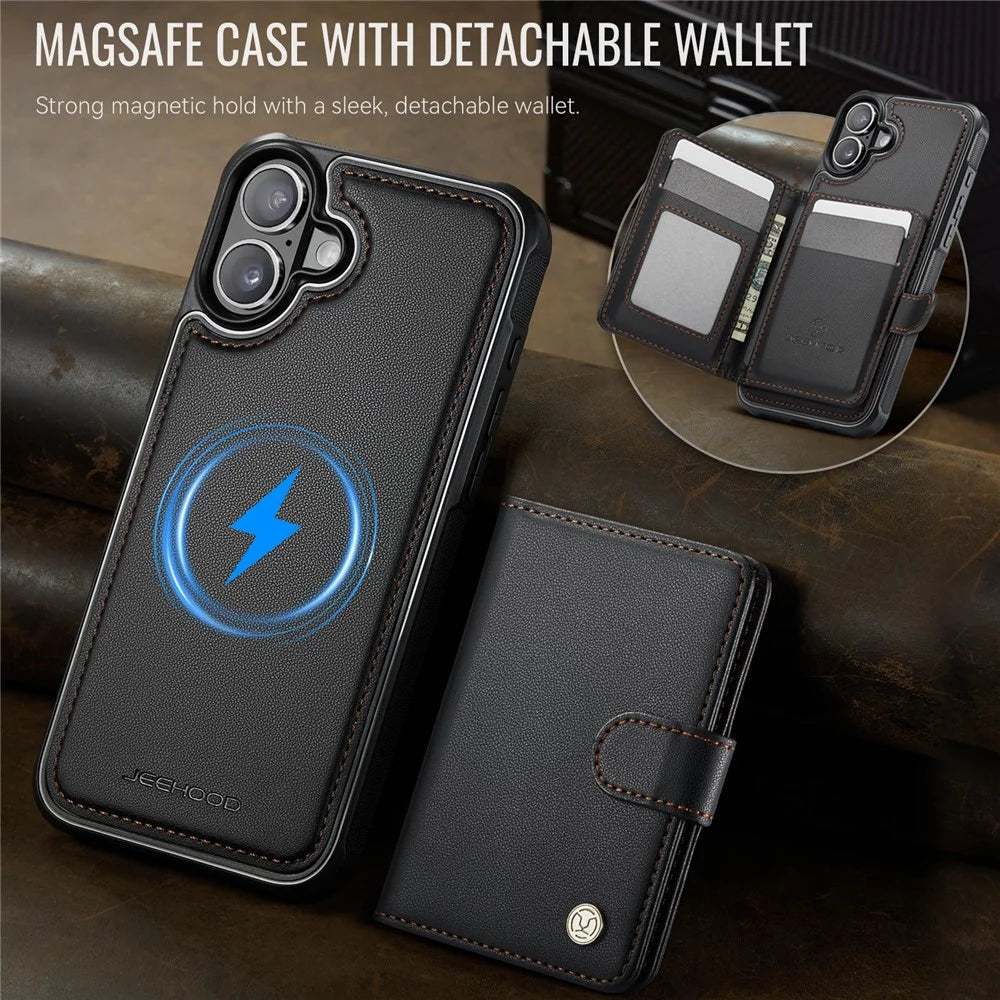 JEEHOOD J09 For iPhone 17 Detachable Case with Card Holder, RFID Blocking Leather Back Cover Compatible with MagSafe - Black - 4