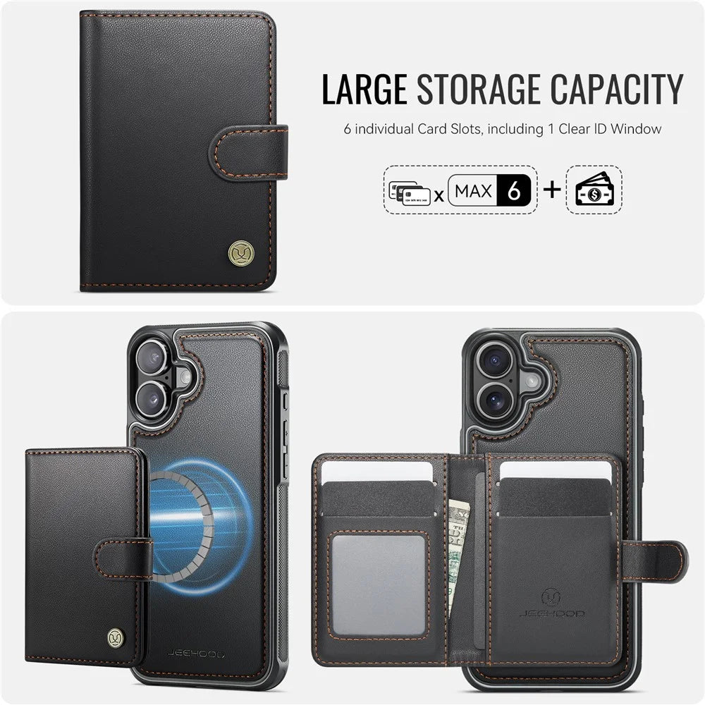 JEEHOOD J09 For iPhone 17 Detachable Case with Card Holder, RFID Blocking Leather Back Cover Compatible with MagSafe - Black - 5
