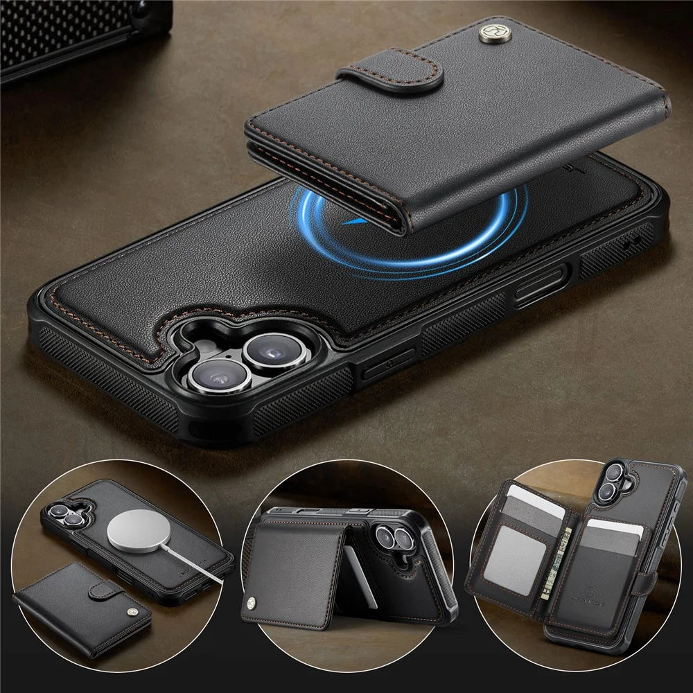 JEEHOOD J09 For iPhone 17 Detachable Case with Card Holder, RFID Blocking Leather Back Cover Compatible with MagSafe - Black - 7