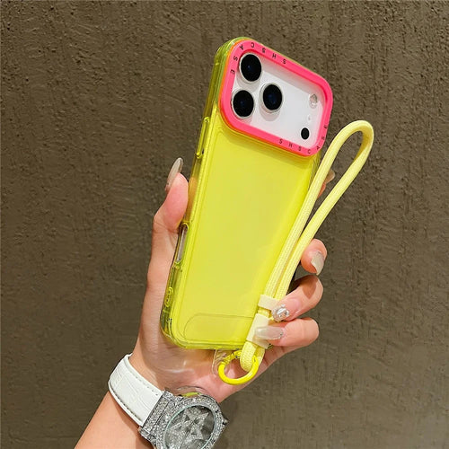 For iPhone 18 Pro / 17 Pro Case Clear Contrasting Colors Shockproof TPU Phone Back Cover with Wrist Strap - Yellow - 1