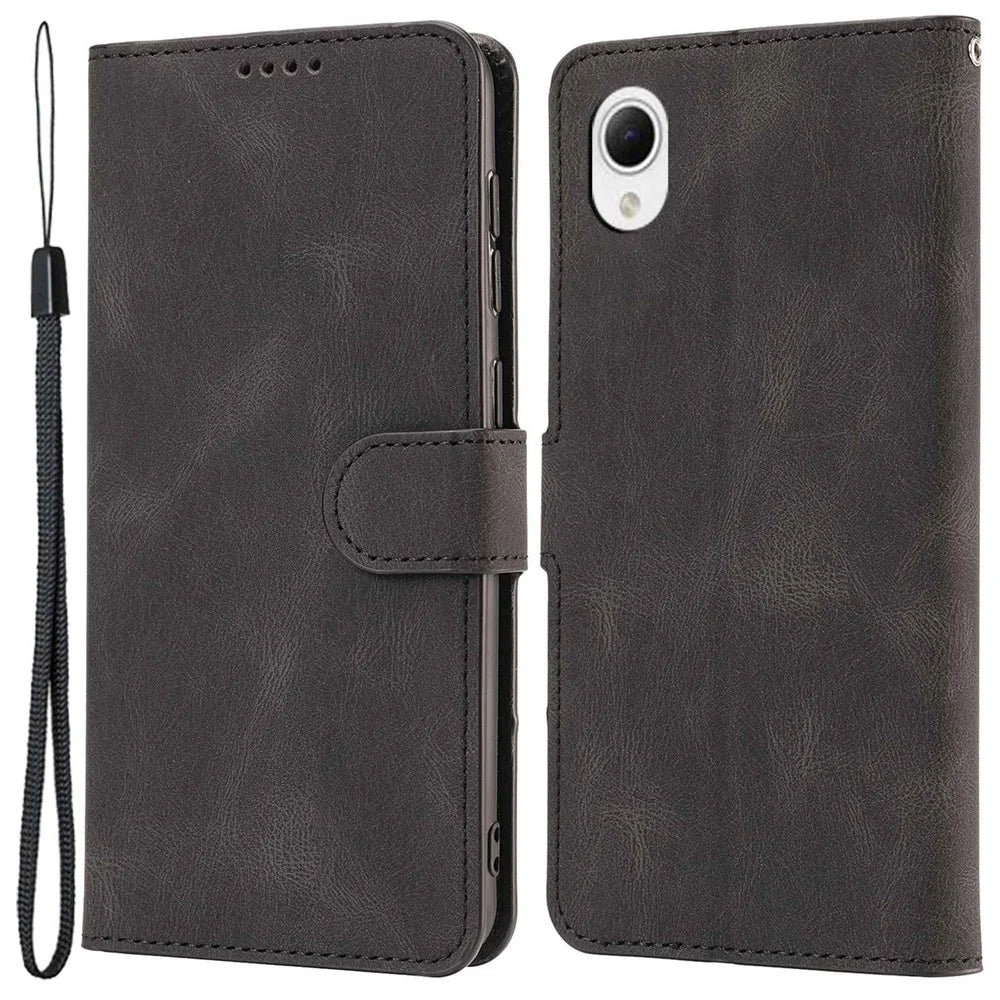 For Samsung Galaxy A22e / A23e / A23s / A23 5G (Japanese Version) PU Leather Wallet Phone Case Anti-scratch Protective Stand Cover with Strap - Black - 1