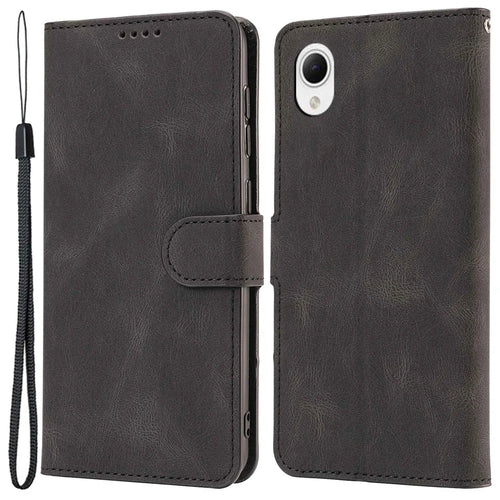 For Samsung Galaxy A22e / A23e / A23s / A23 5G (Japanese Version) PU Leather Wallet Phone Case Anti-scratch Protective Stand Cover with Strap - Black - 1