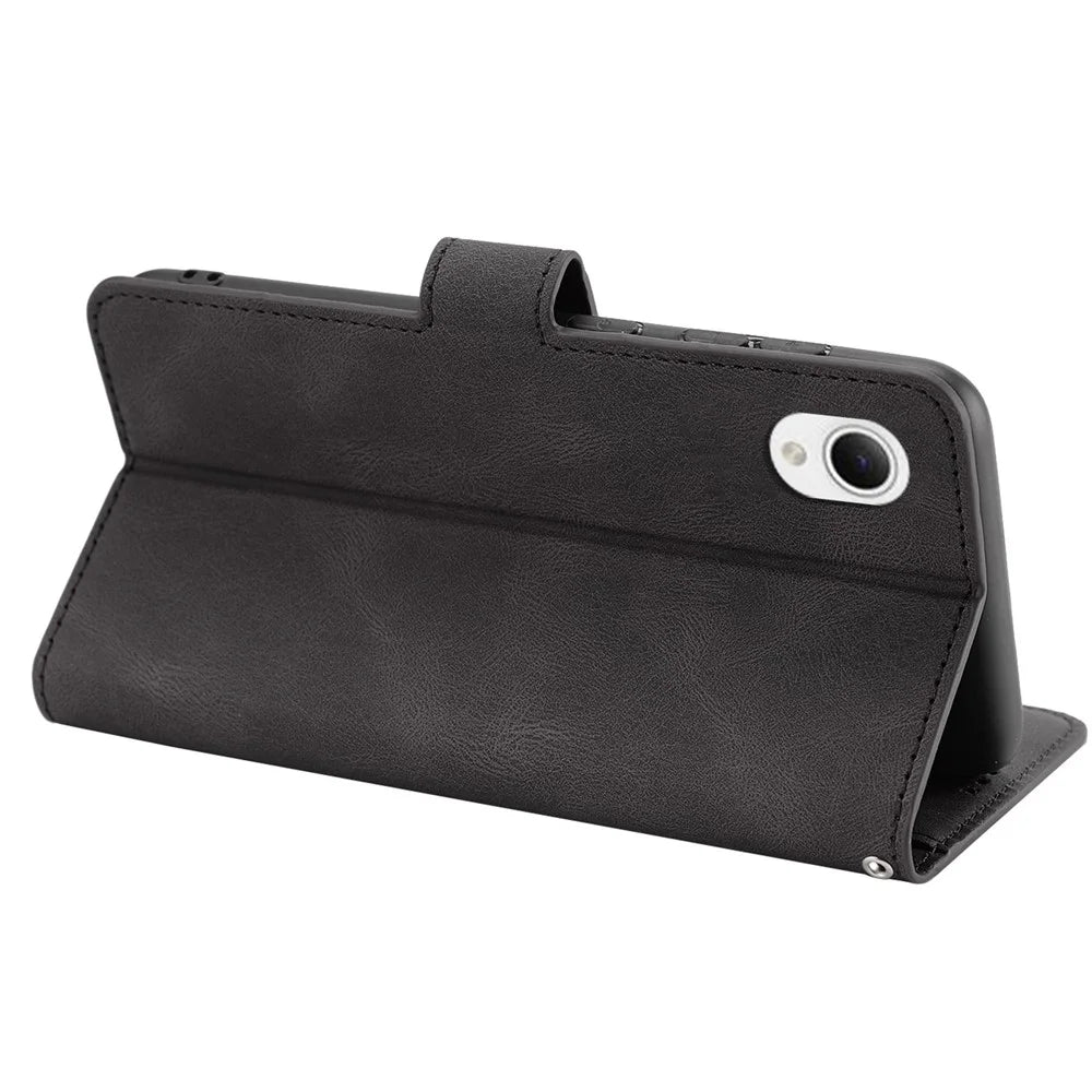 For Samsung Galaxy A22e / A23e / A23s / A23 5G (Japanese Version) PU Leather Wallet Phone Case Anti-scratch Protective Stand Cover with Strap - Black - 4