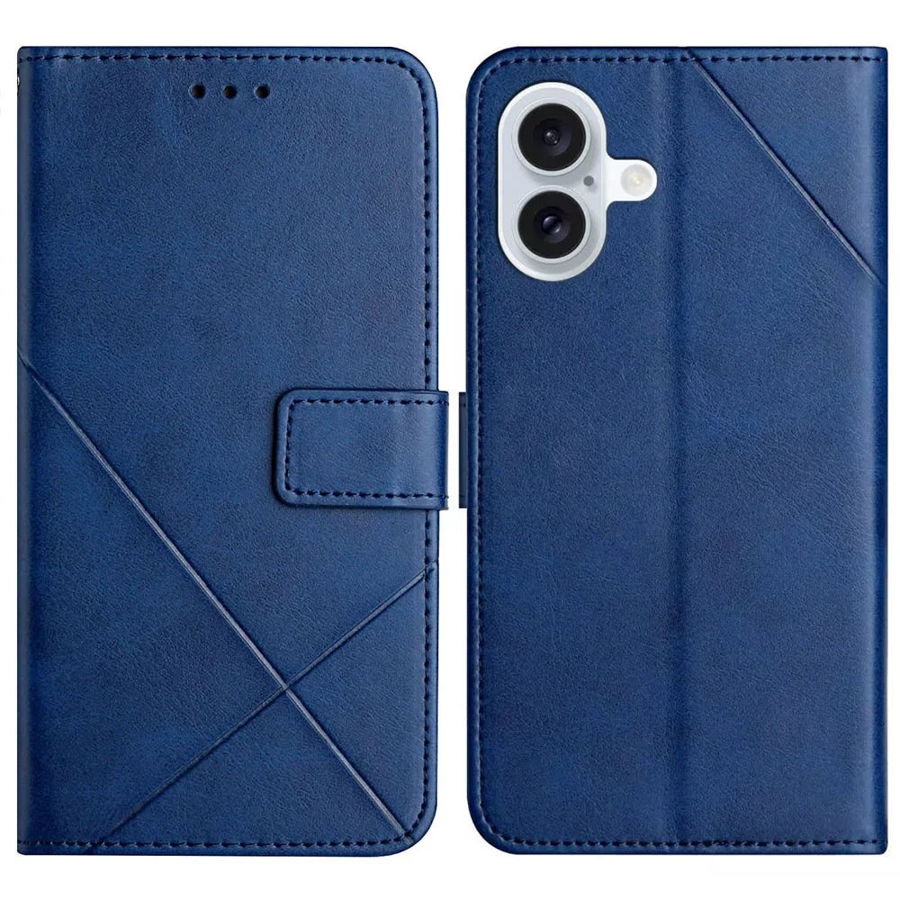 For iPhone 17 Case Line Pattern Wallet Leather Phone Cover with Wrist Strap - Blue - 1