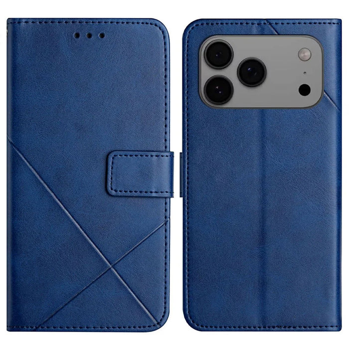 For iPhone 18 Pro Max / 17 Pro Max Case Line Pattern Wallet Leather Phone Cover with Wrist Strap - Blue - 1
