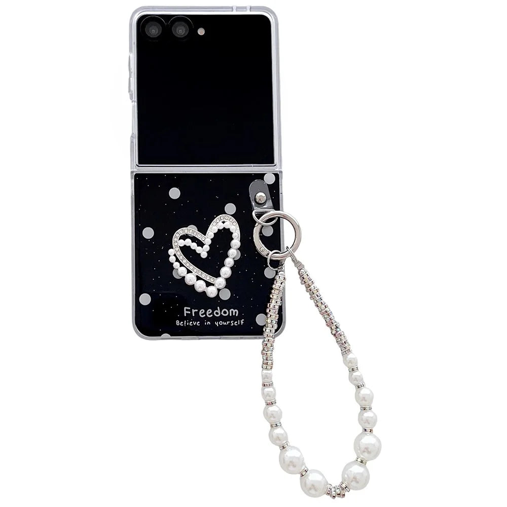 For Samsung Galaxy Z Flip7 5G Case Glitter DIY Heart Charm Phone Cover with Wrist Strap - Polka Dot Black - 1