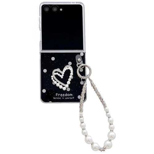 For Samsung Galaxy Z Flip7 5G Case Glitter DIY Heart Charm Phone Cover with Wrist Strap - Polka Dot Black - 1