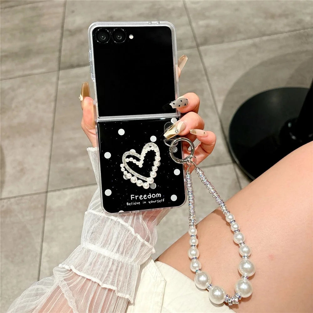 For Samsung Galaxy Z Flip7 5G Case Glitter DIY Heart Charm Phone Cover with Wrist Strap - Polka Dot Black - 2