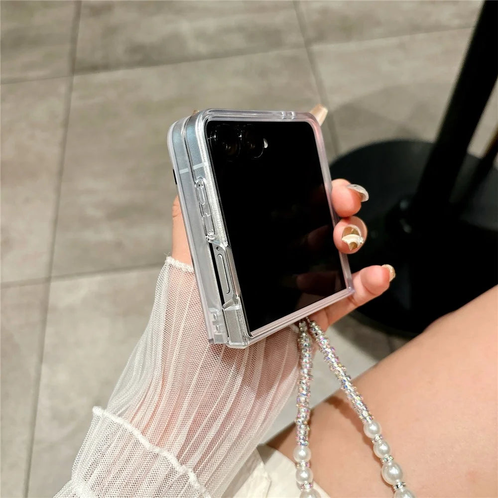 For Samsung Galaxy Z Flip7 5G Case Glitter DIY Heart Charm Phone Cover with Wrist Strap - Polka Dot Black - 6
