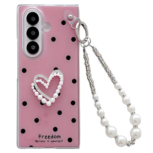 For Samsung Galaxy Z Fold7 5G Case Glitter DIY Heart Charm Phone Cover with Wrist Strap - Polka Dot Pink - 1