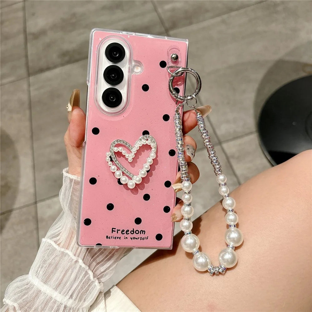 For Samsung Galaxy Z Fold7 5G Case Glitter DIY Heart Charm Phone Cover with Wrist Strap - Polka Dot Pink - 2