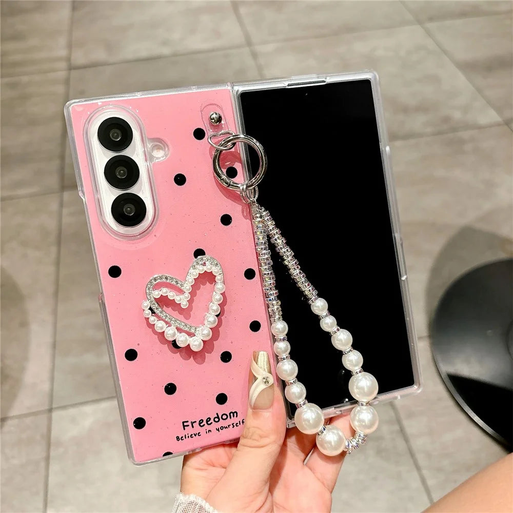 For Samsung Galaxy Z Fold7 5G Case Glitter DIY Heart Charm Phone Cover with Wrist Strap - Polka Dot Pink - 3