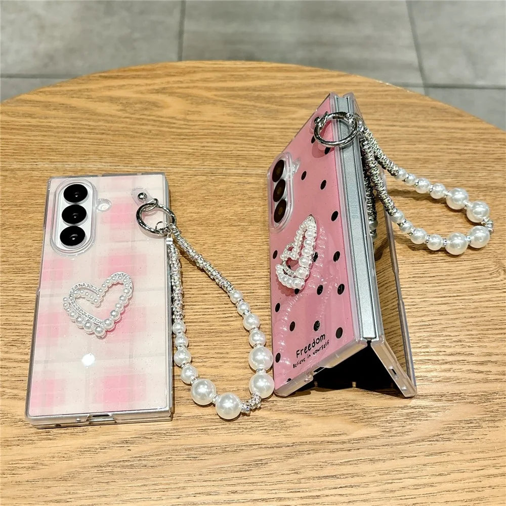 For Samsung Galaxy Z Fold7 5G Case Glitter DIY Heart Charm Phone Cover with Wrist Strap - Polka Dot Pink - 4