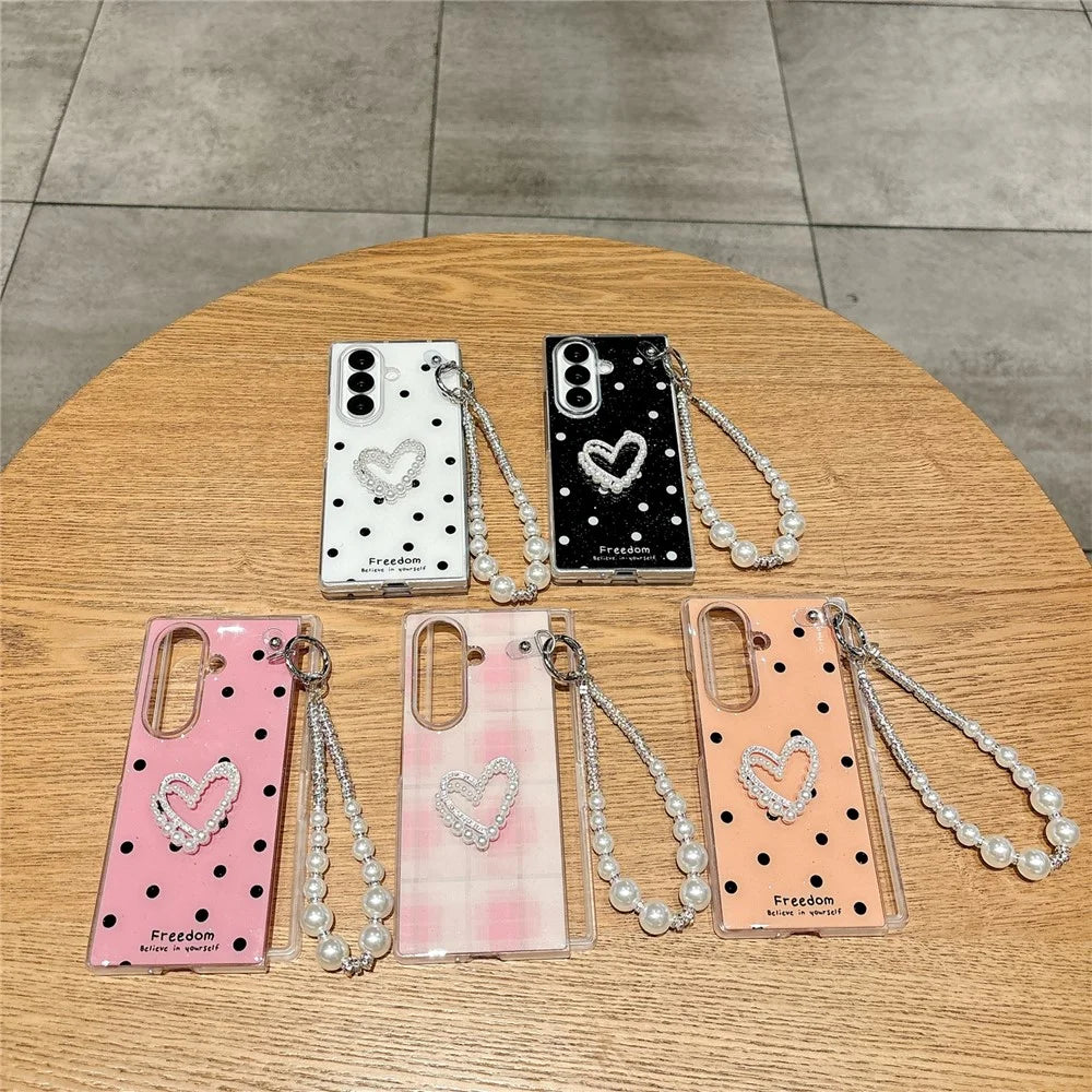 For Samsung Galaxy Z Fold7 5G Case Glitter DIY Heart Charm Phone Cover with Wrist Strap - Polka Dot Pink - 7