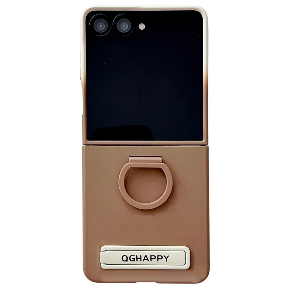 For Samsung Galaxy Z Flip7 5G Case Skin Touch Kickstand PC TPU Phone Cover with Ring Holder - Brown - 1