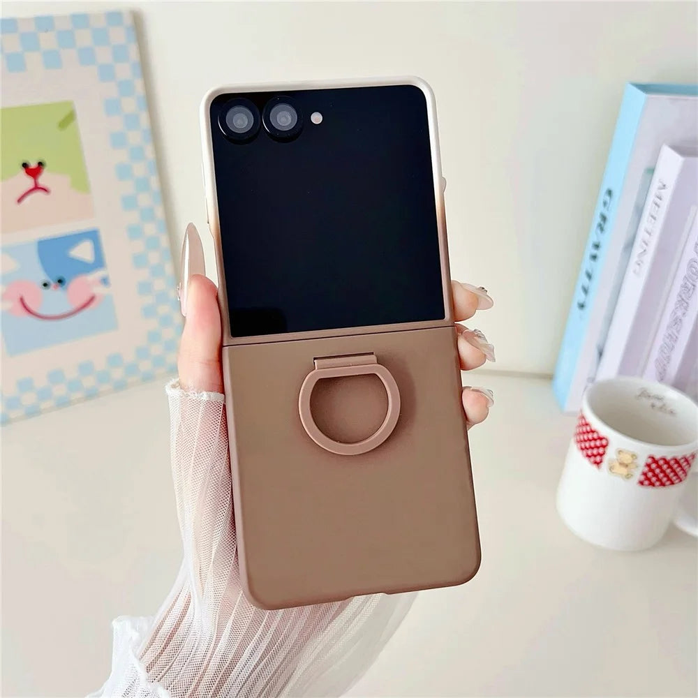 For Samsung Galaxy Z Flip7 5G Case Skin Touch Kickstand PC TPU Phone Cover with Ring Holder - Brown - 2