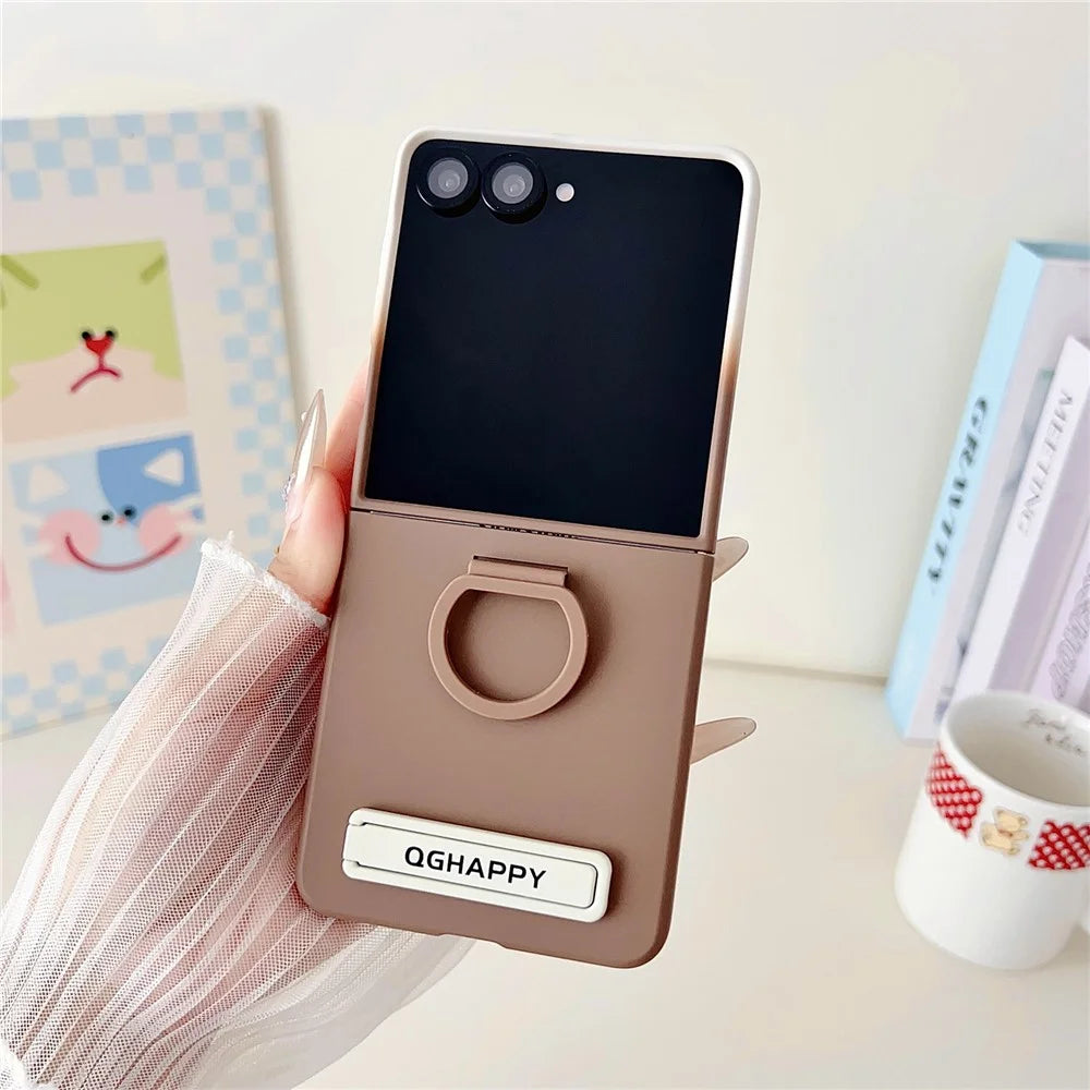 For Samsung Galaxy Z Flip7 5G Case Skin Touch Kickstand PC TPU Phone Cover with Ring Holder - Brown - 3