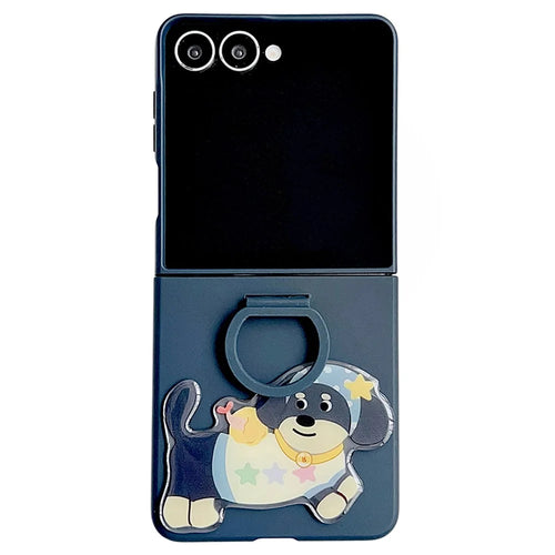 For Samsung Galaxy Z Flip7 5G Case Skin Touch Silicone Ring PC TPU Phone Cover with Cartoon Dachshund Sticker - Navy Blue - 1