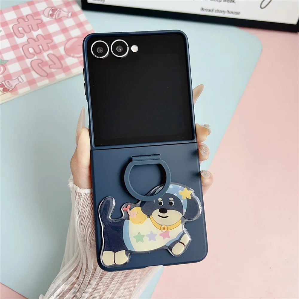 For Samsung Galaxy Z Flip7 5G Case Skin Touch Silicone Ring PC TPU Phone Cover with Cartoon Dachshund Sticker - Navy Blue - 2