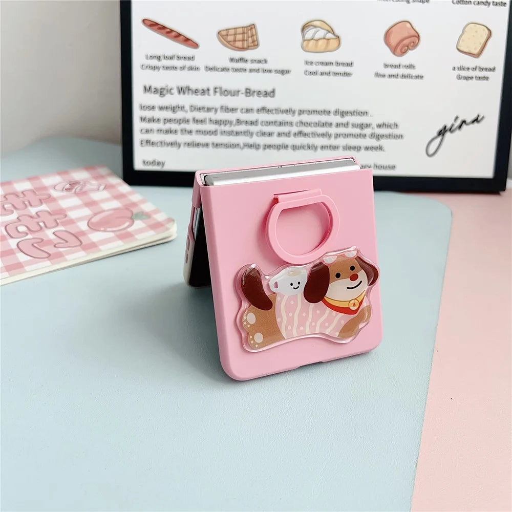 For Samsung Galaxy Z Flip7 5G Case Skin Touch Silicone Ring PC TPU Phone Cover with Cartoon Dachshund Sticker - Navy Blue - 3