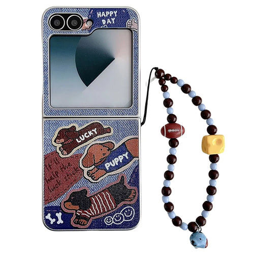 For Samsung Galaxy Z Flip7 FE 5G  /  Z Flip6 5G Case Lucky Puppy PC Phone Cover with Wrist Strap - Blue - 1