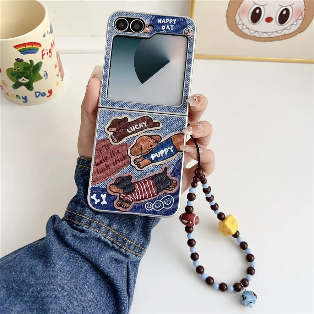 For Samsung Galaxy Z Flip7 FE 5G  /  Z Flip6 5G Case Lucky Puppy PC Phone Cover with Wrist Strap - Blue - 2