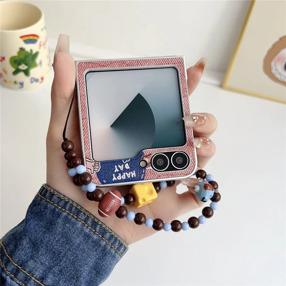 For Samsung Galaxy Z Flip7 FE 5G  /  Z Flip6 5G Case Lucky Puppy PC Phone Cover with Wrist Strap - Blue - 6