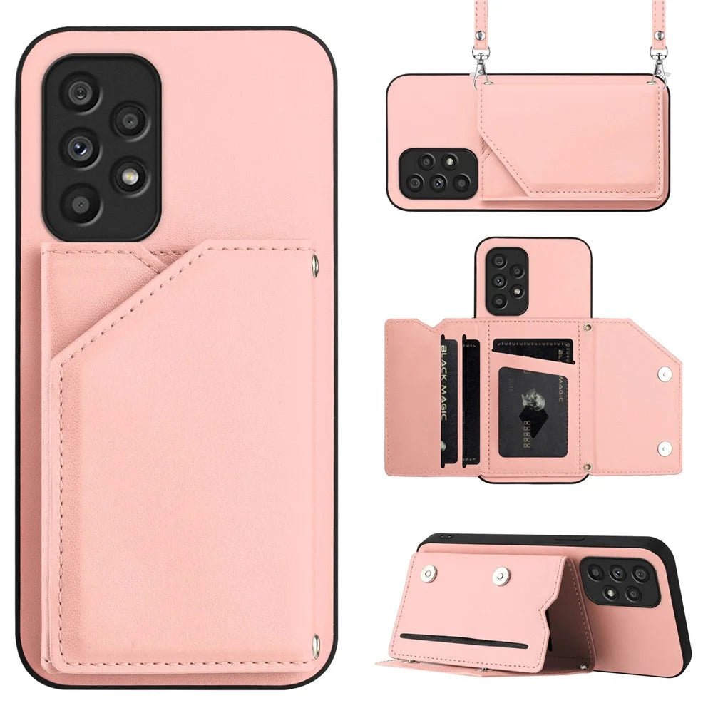 For Samsung Galaxy A53 5G Case Card Holder Kickstand Skin-Touch PU TPU Phone Cover with Shoulder Strap - Pink - 1