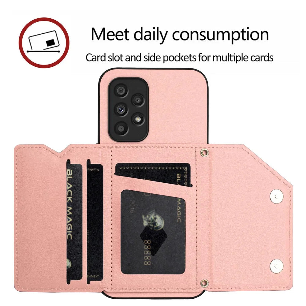 For Samsung Galaxy A53 5G Case Card Holder Kickstand Skin-Touch PU TPU Phone Cover with Shoulder Strap - Pink - 4