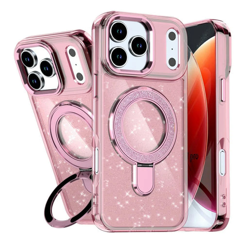 For iPhone 17 Pro Case Glitter Design TPU + PC Kickstand Phone Protector - Pink - 1