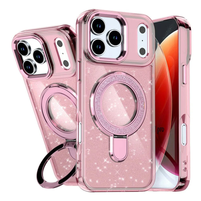 For iPhone 17 Pro Case Glitter Design TPU + PC Kickstand Phone Protector - Pink - 1