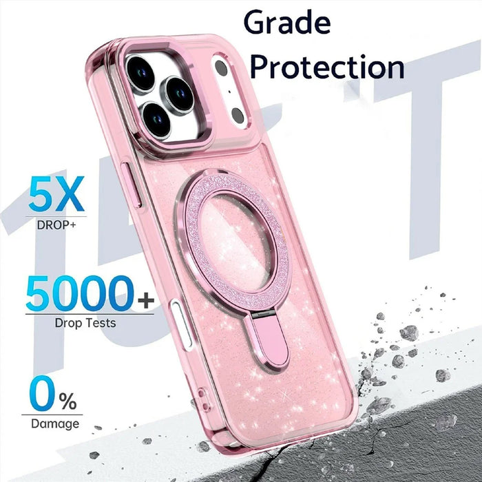 For iPhone 17 Pro Case Glitter Design TPU + PC Kickstand Phone Protector - Pink - 4